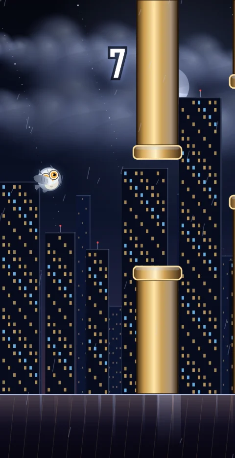 Flappy Stalin gameplay — an owl flying through a neon night-city skyline