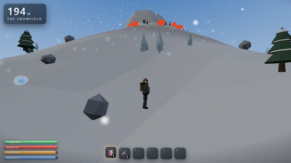 SCREE gameplay — a lone climber on a snowfield below the peak